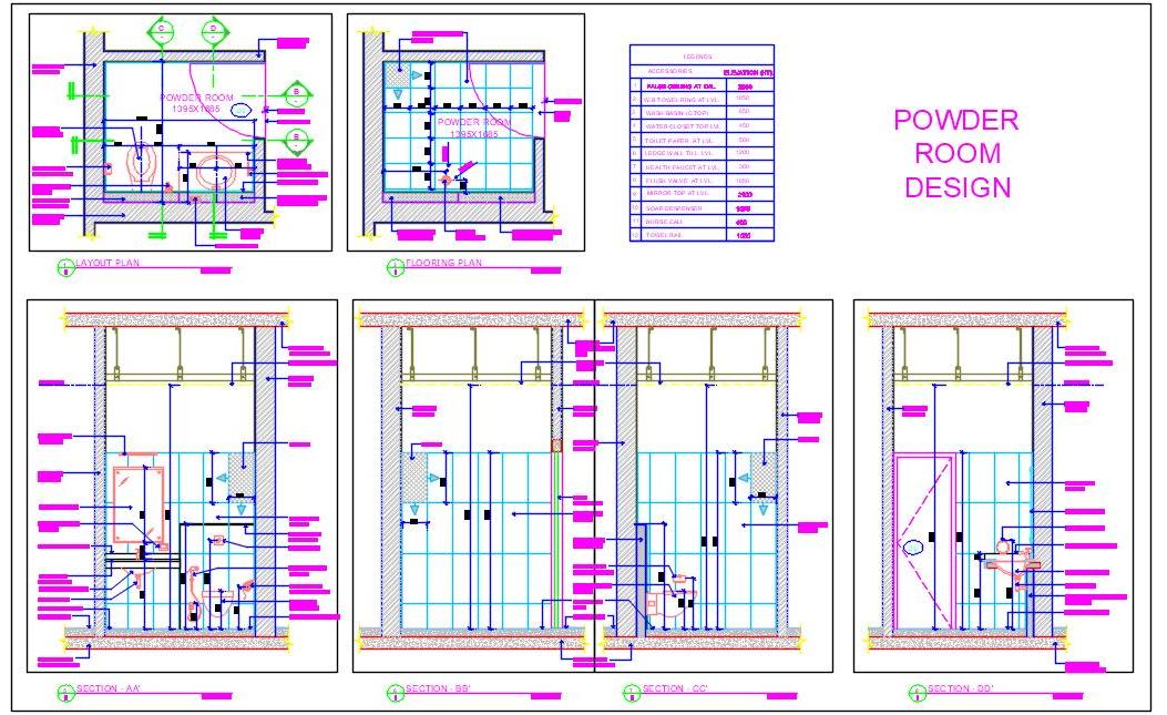 Powder Toilet DWG- Layout, Elevations, & Washbasin Details